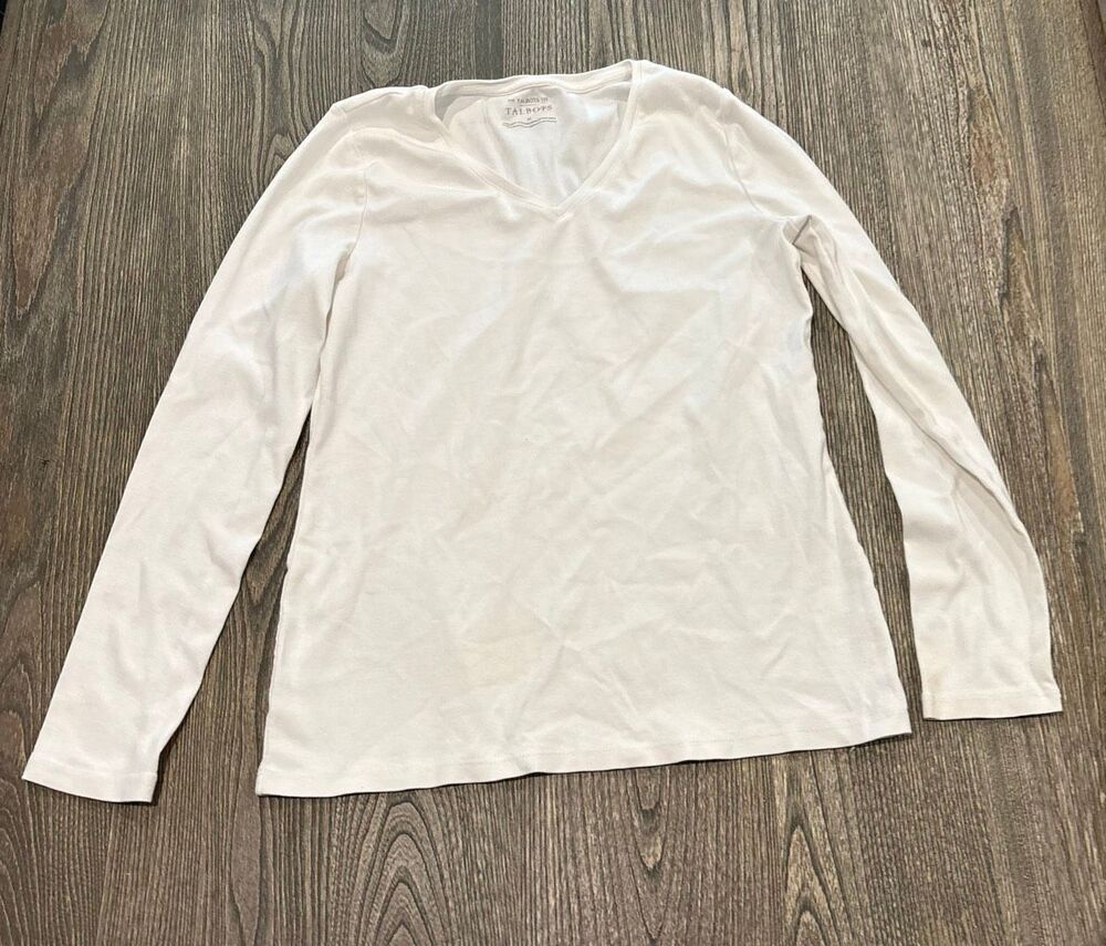 The Talbots Tee Women's V-Neck 100% Pima Cotton Long Sleeve T-Shirt White Medium